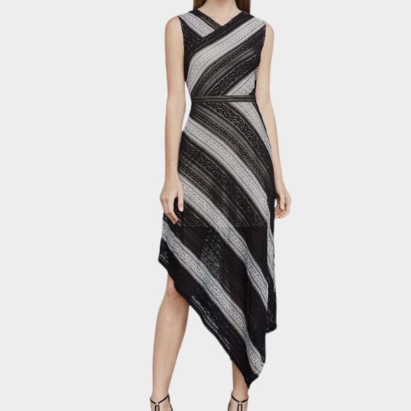 BCBGMAXAZRIA Women's Tracie Lace Striped Asymmetrical Dress Black/ Gray Size M - Picture 1 of 11